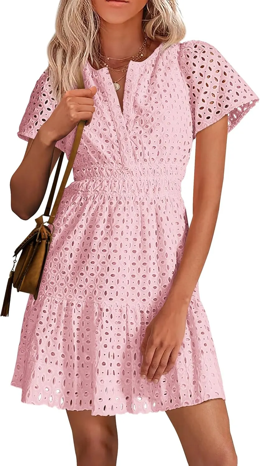 PRETTYGARDEN 2025 Women Summer Short Dress V Neck Short Sleeve A Line Hollow Out Lace Ruffle Cute Casual Beach Party Dresses