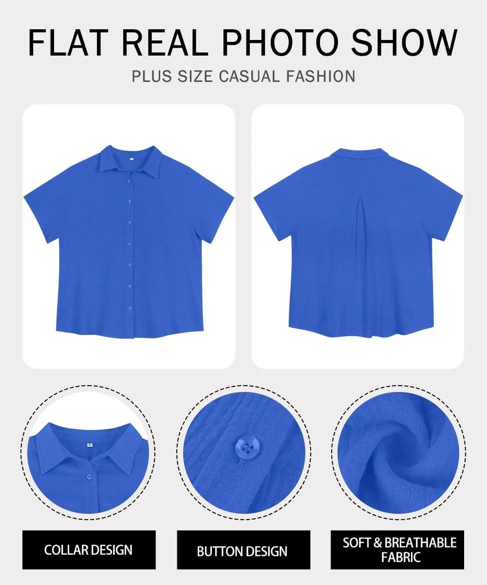 RITERA Womens Plus Size Tops Button Down Roll-Up Cuffed Short Sleeve Casual Shirts Collared Summer Lightweight Blouse XL-5XL
