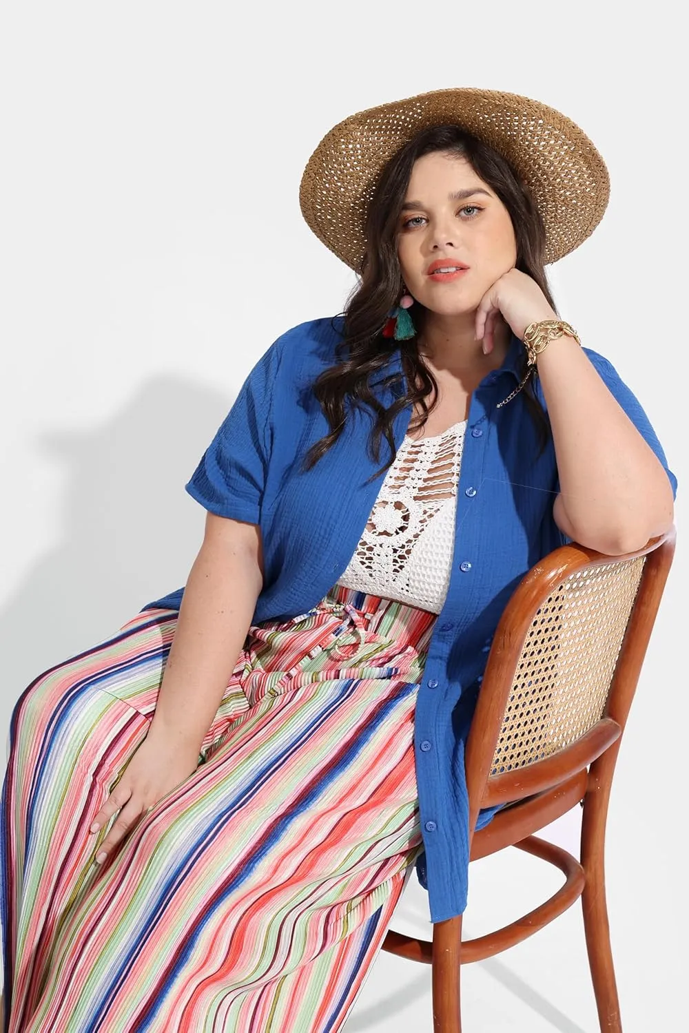 RITERA Womens Plus Size Tops Button Down Roll-Up Cuffed Short Sleeve Casual Shirts Collared Summer Lightweight Blouse XL-5XL