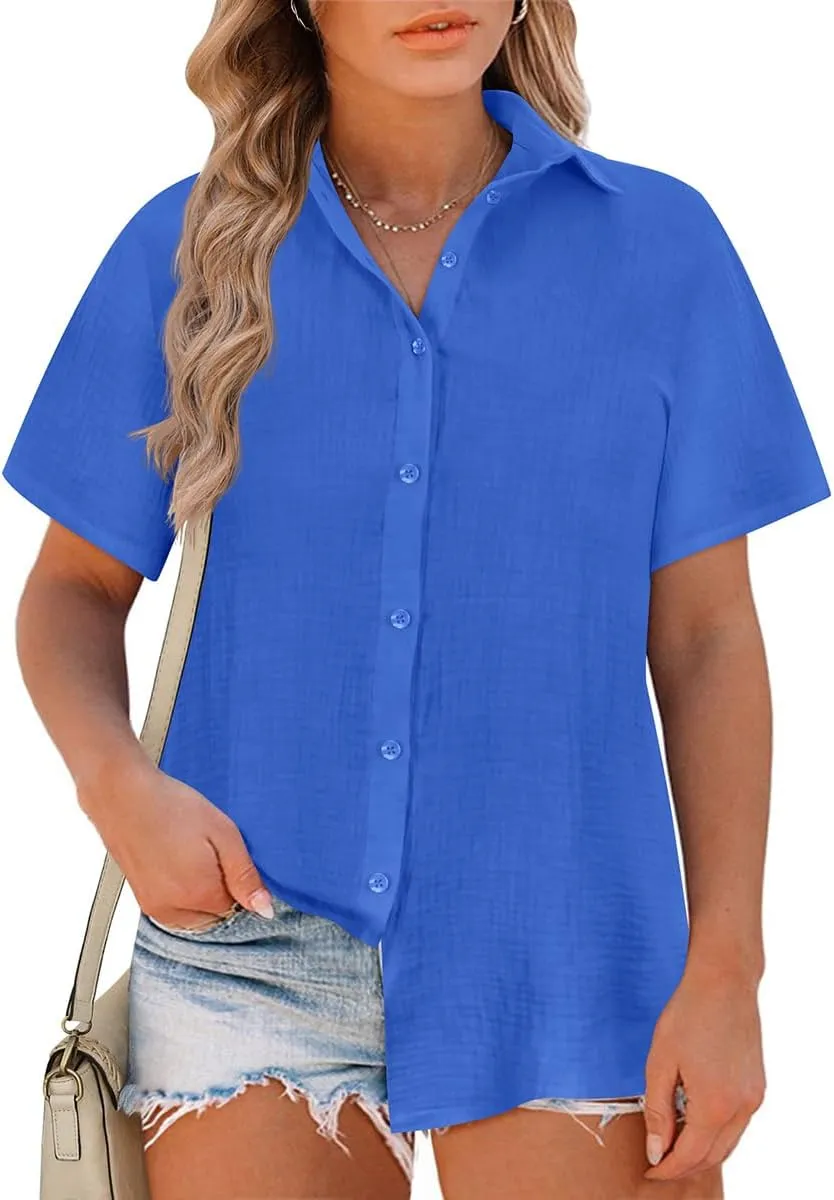 RITERA Womens Plus Size Tops Button Down Roll-Up Cuffed Short Sleeve Casual Shirts Collared Summer Lightweight Blouse XL-5XL