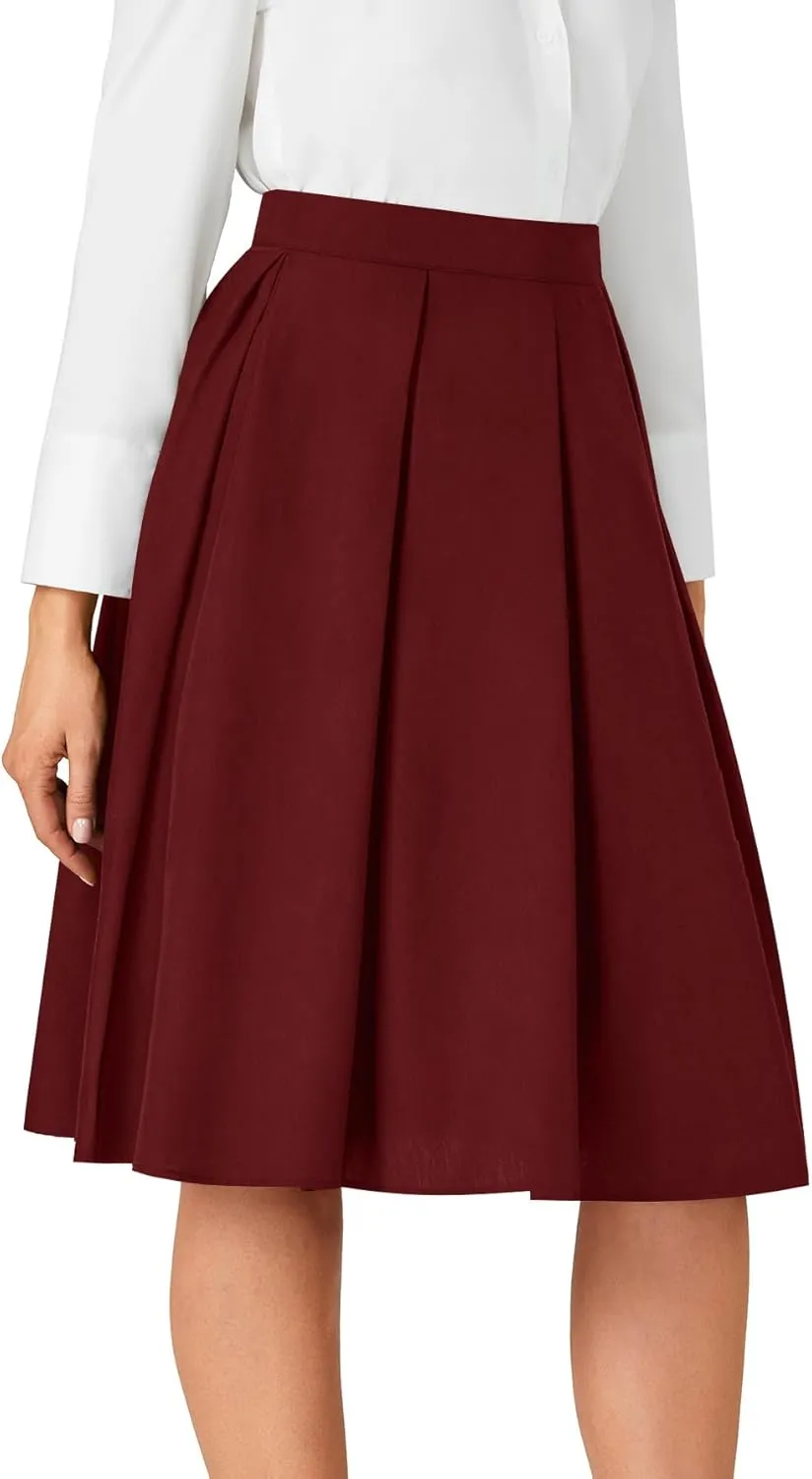 Rooscier Women's Pleated High Waisted A Line Midi Skirts with Pockets