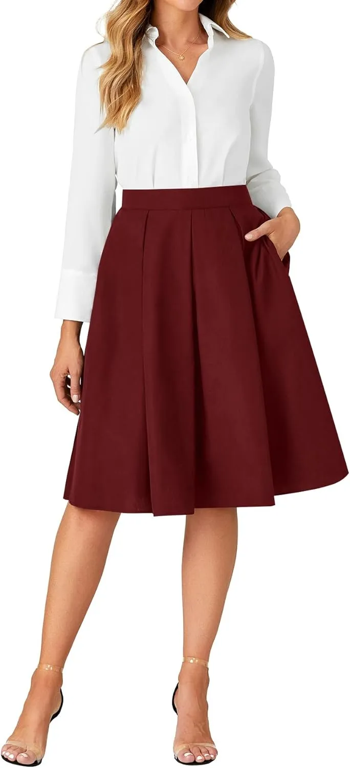 Rooscier Women's Pleated High Waisted A Line Midi Skirts with Pockets
