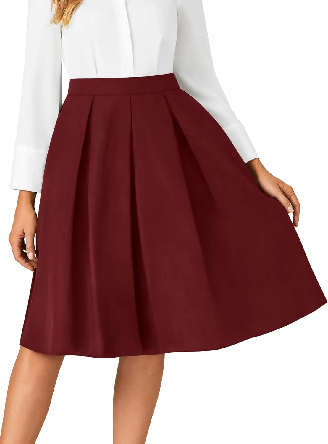 Rooscier Women's Pleated High Waisted A Line Midi Skirts with Pockets