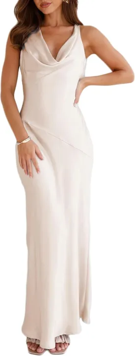 Satin Cowl Neck Sleeveless Backless Maxi Wedding Guest Dress Silk Open Back Tie Back Prom Formal Dresses for Women 2025