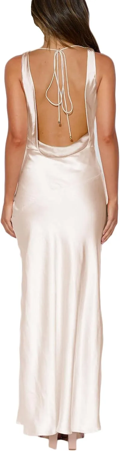 Satin Cowl Neck Sleeveless Backless Maxi Wedding Guest Dress Silk Open Back Tie Back Prom Formal Dresses for Women 2025