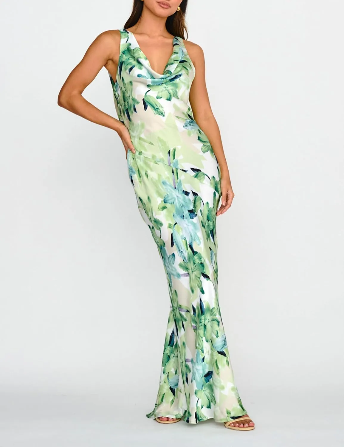 Satin Cowl Neck Sleeveless Backless Maxi Wedding Guest Dress Silk Open Back Tie Back Prom Formal Dresses for Women 2025