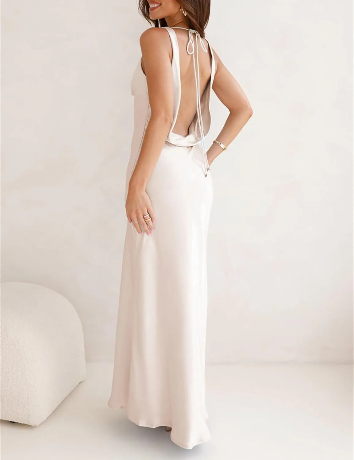 Satin Cowl Neck Sleeveless Backless Maxi Wedding Guest Dress Silk Open Back Tie Back Prom Formal Dresses for Women 2025