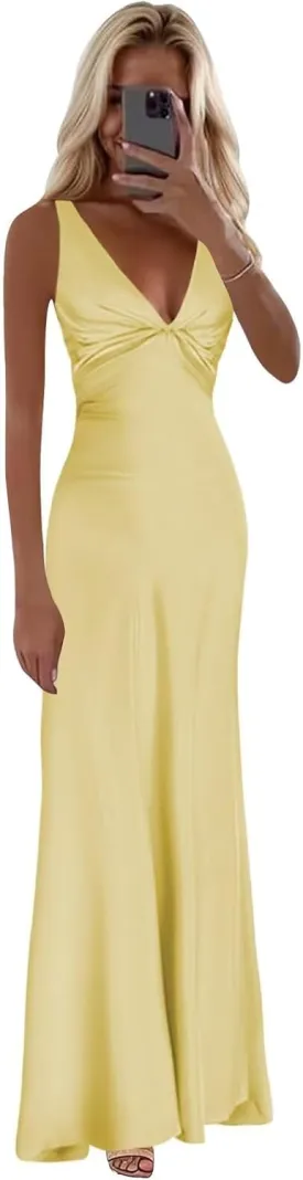 Satin Prom Dresses for Women V-Neck Halter Ruched Long Formal Wedding Guest Dress