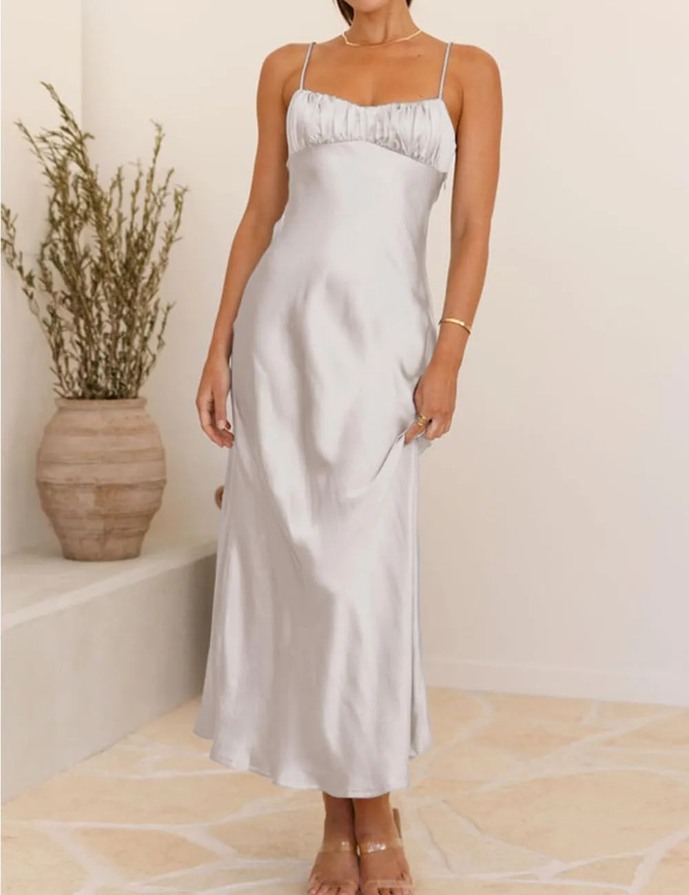 Satin Spaghetti Strap Backless Ruched Twist Cocktail Dresses for Women Silk Open Back Cut Out Midi Dress Wedding Guest