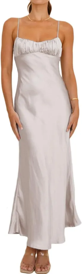Satin Spaghetti Strap Backless Ruched Twist Cocktail Dresses for Women Silk Open Back Cut Out Midi Dress Wedding Guest