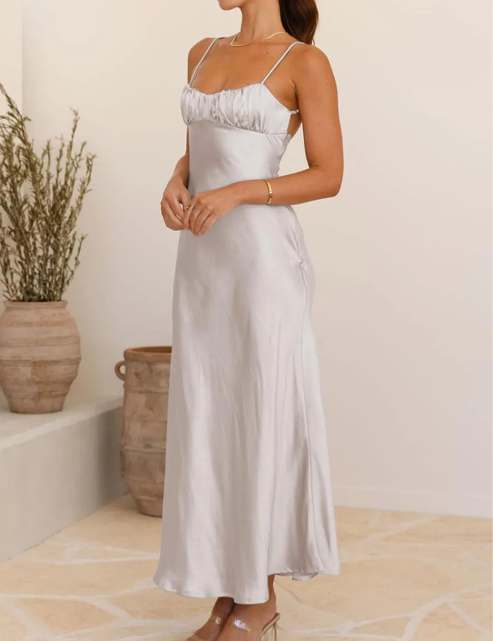 Satin Spaghetti Strap Backless Ruched Twist Cocktail Dresses for Women Silk Open Back Cut Out Midi Dress Wedding Guest