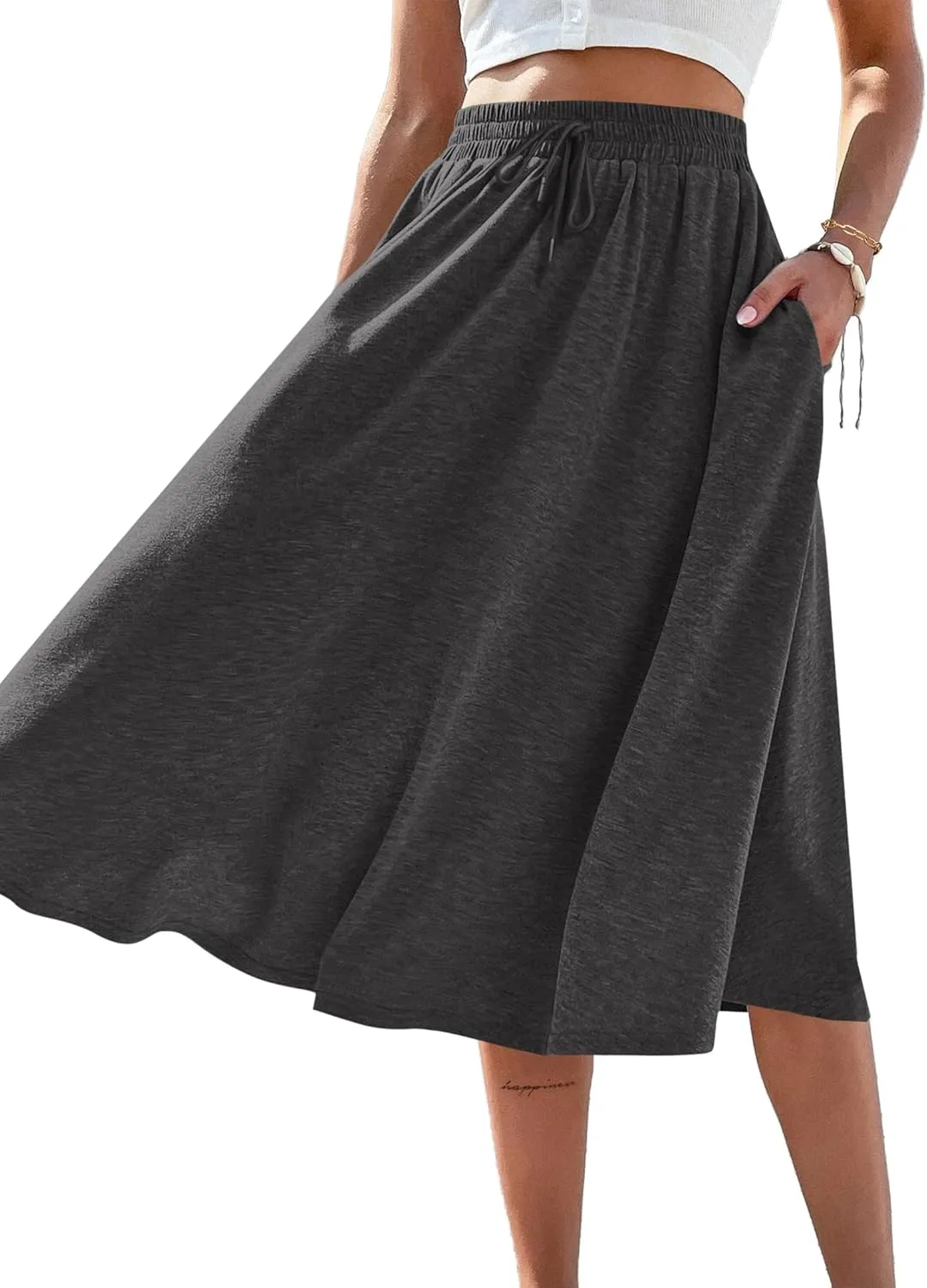 SOFIA'S CHOICE Women's A Line Pleated Drawstring Skirts Flared Midi Skirt with Pockets