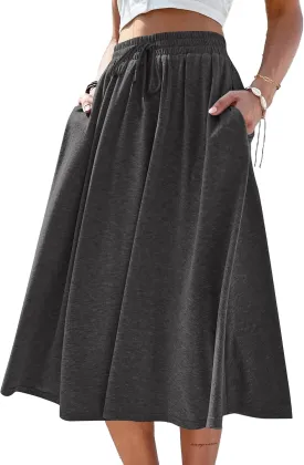 SOFIA'S CHOICE Women's A Line Pleated Drawstring Skirts Flared Midi Skirt with Pockets