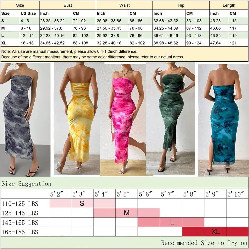 Summer Dresses for Women Strapless Slim Bodycon Dress Side Slit Tube Top Dress Ink Painting Formal Dresses