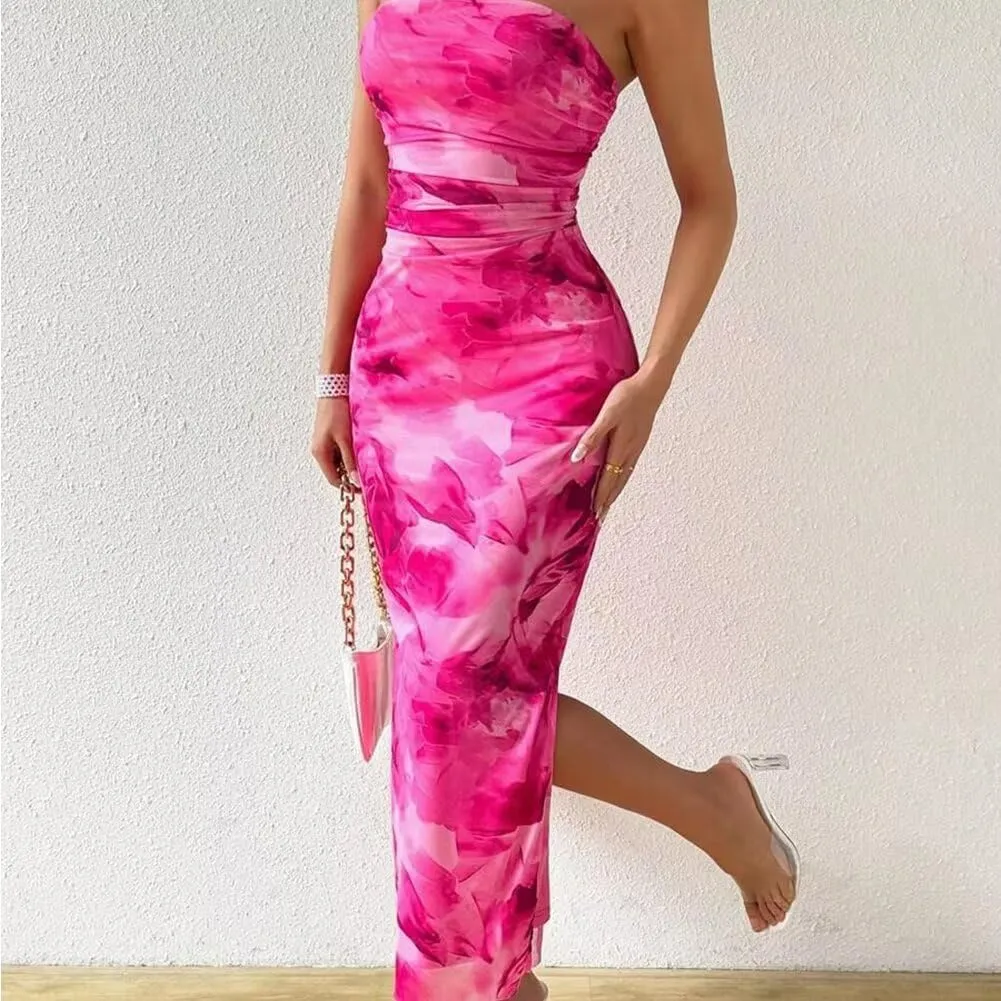 Summer Dresses for Women Strapless Slim Bodycon Dress Side Slit Tube Top Dress Ink Painting Formal Dresses