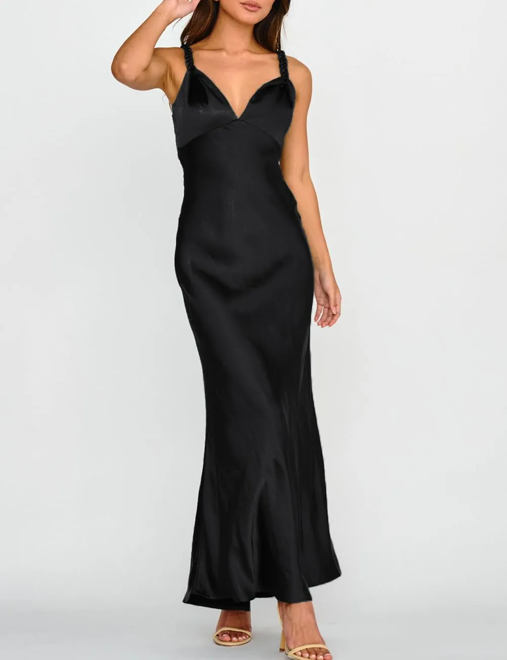 Summer Satin Braided Spaghetti Strap V Neck Maxi Dress for Women Elegant Silk Sleeveless Backless Midi Prom Dress
