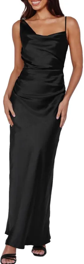 Summer Satin Maxi Dresses for Women 2025 Cowl Neck Ruched Silk Formal Wedding Guest Bridesmaid Slip Dress with Slit