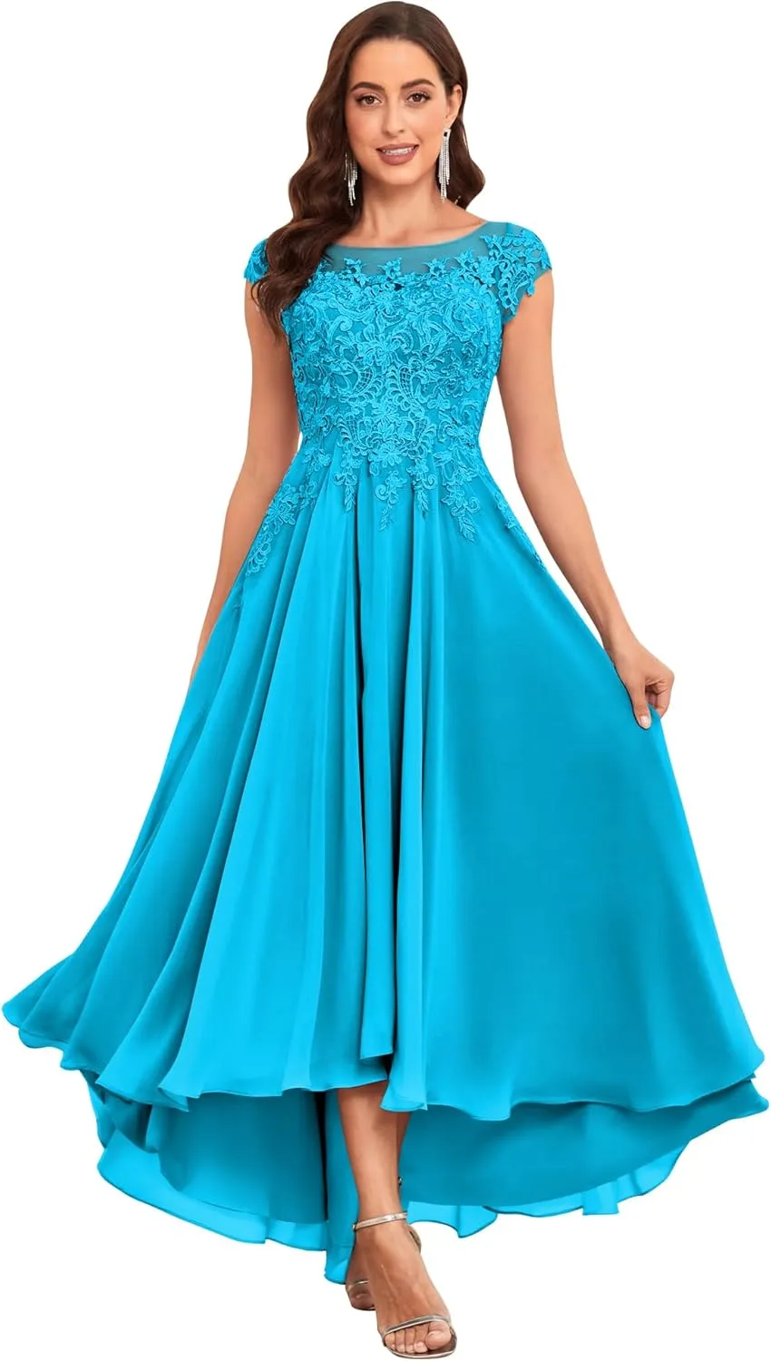 Tea Length Mother of The Bride Dresses for Women Wedding Cap Sleeves Lace Foral Formal Dress with Pockets