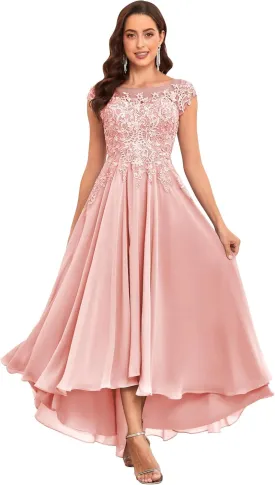 Tea Length Mother of The Bride Dresses for Women Wedding Cap Sleeves Lace Foral Formal Dress with Pockets