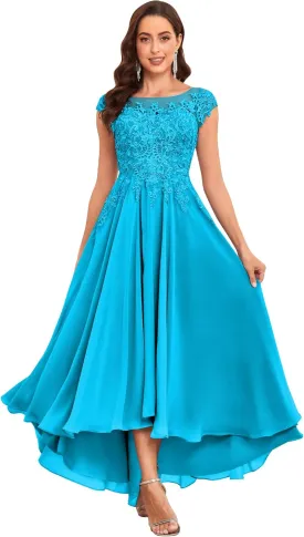 Tea Length Mother of The Bride Dresses for Women Wedding Cap Sleeves Lace Foral Formal Dress with Pockets