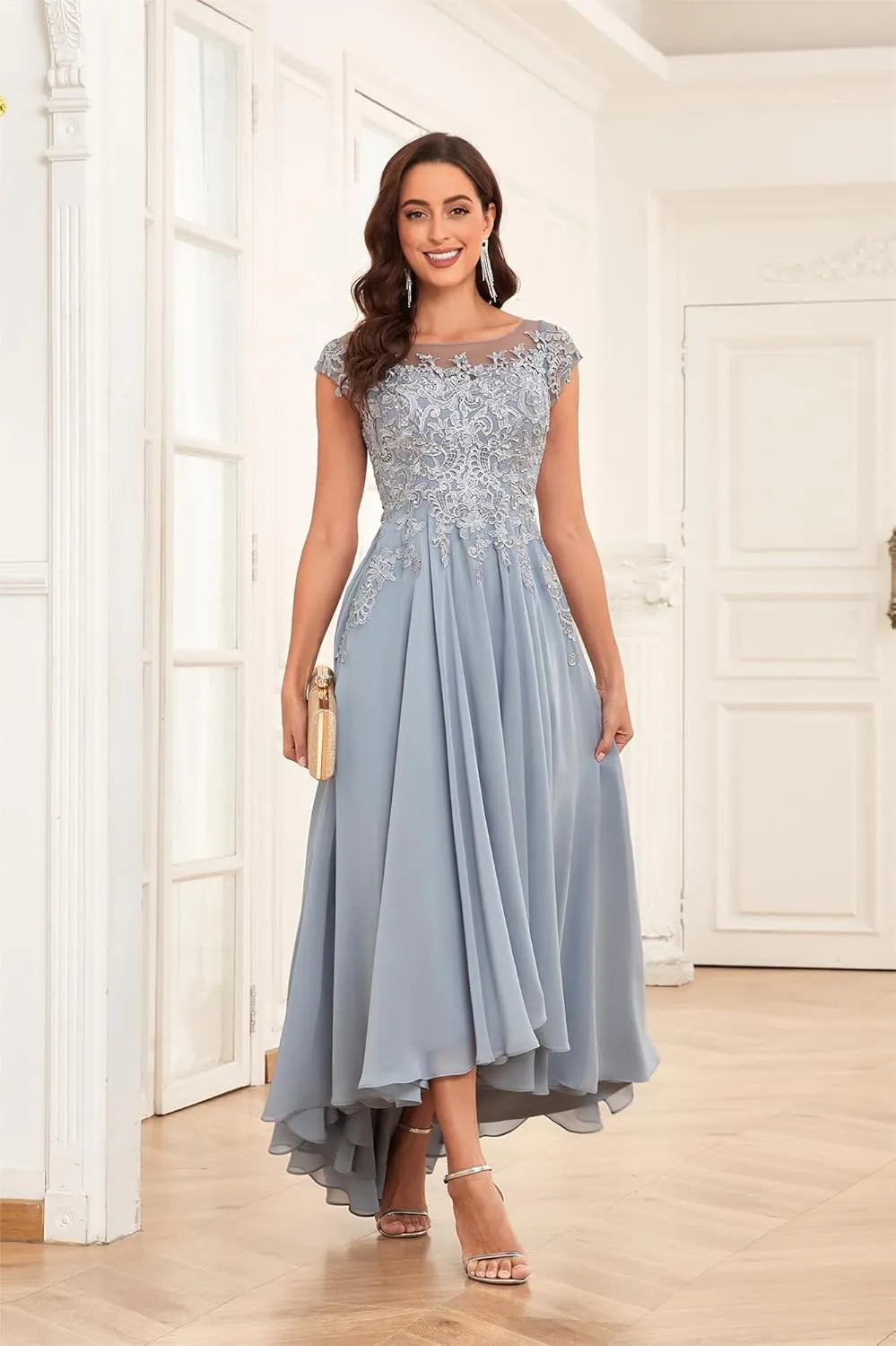 Tea Length Mother of The Bride Dresses for Women Wedding Cap Sleeves Lace Foral Formal Dress with Pockets