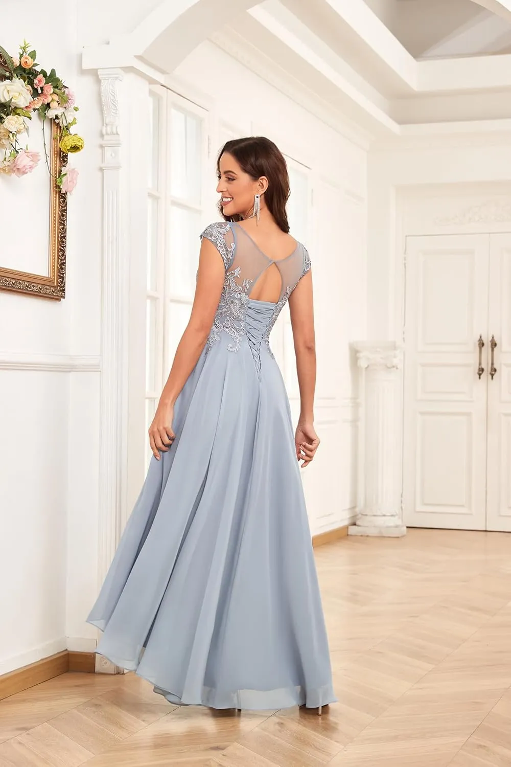 Tea Length Mother of The Bride Dresses for Women Wedding Cap Sleeves Lace Foral Formal Dress with Pockets