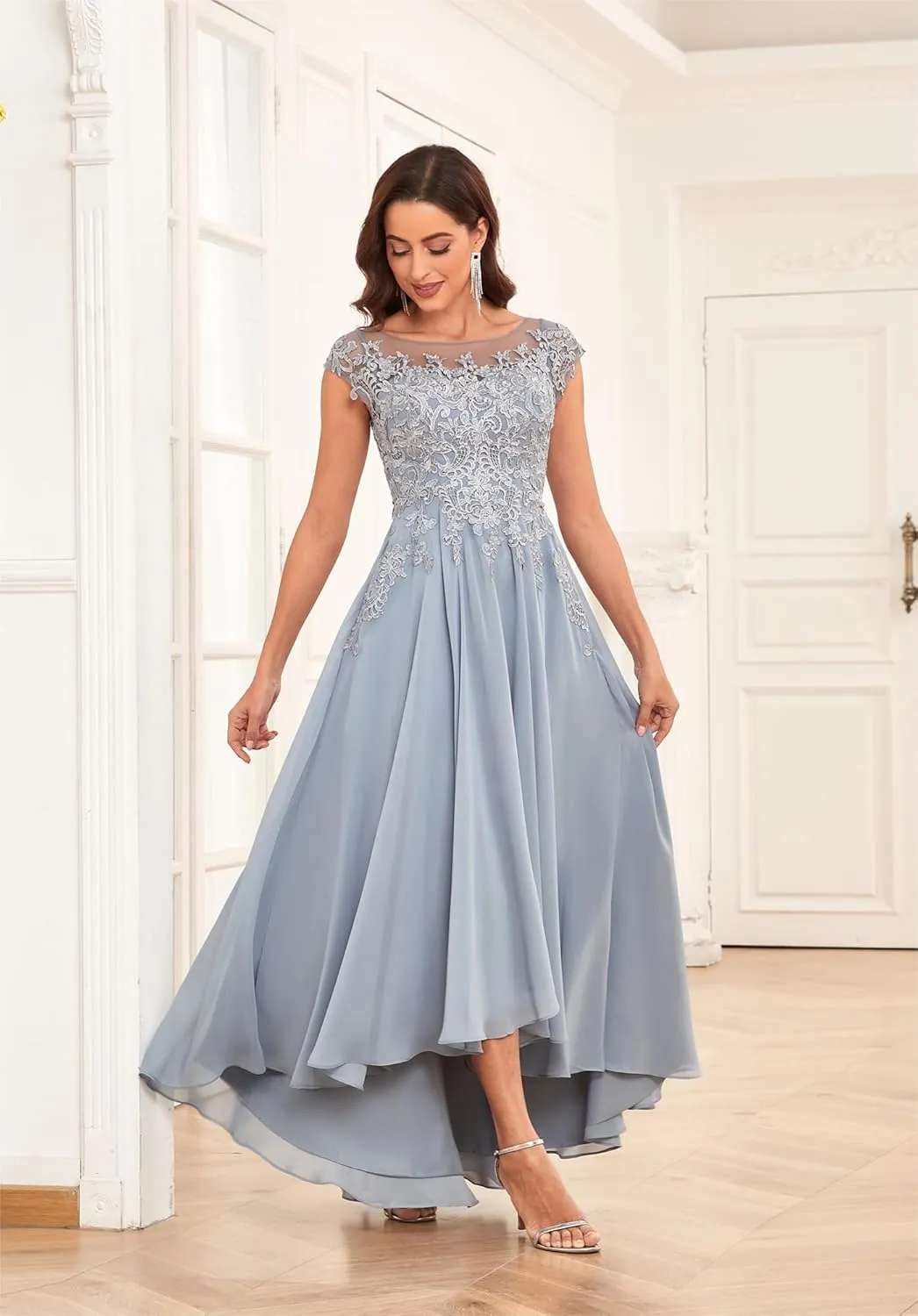 Tea Length Mother of The Bride Dresses for Women Wedding Cap Sleeves Lace Foral Formal Dress with Pockets