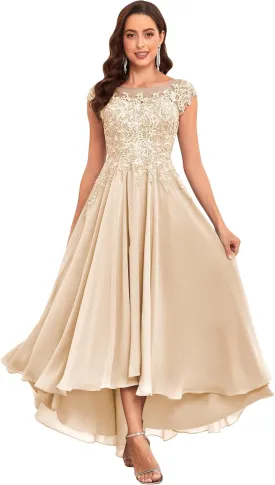 Tea Length Mother of The Bride Dresses for Women Wedding Cap Sleeves Lace Foral Formal Dress with Pockets