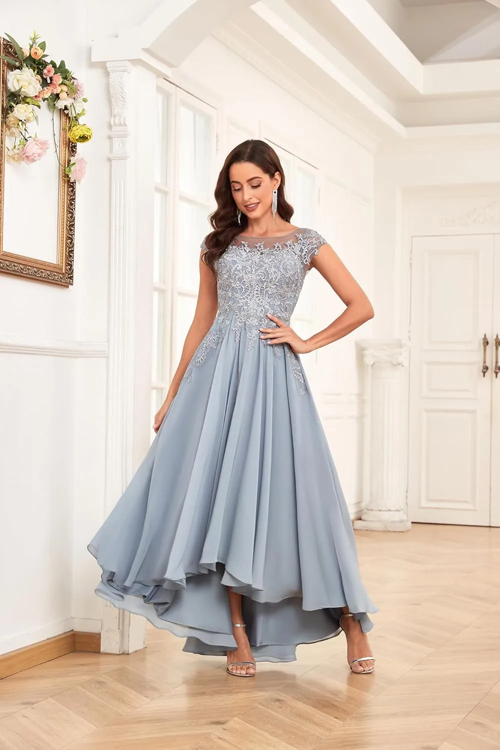 Tea Length Mother of The Bride Dresses for Women Wedding Cap Sleeves Lace Foral Formal Dress with Pockets