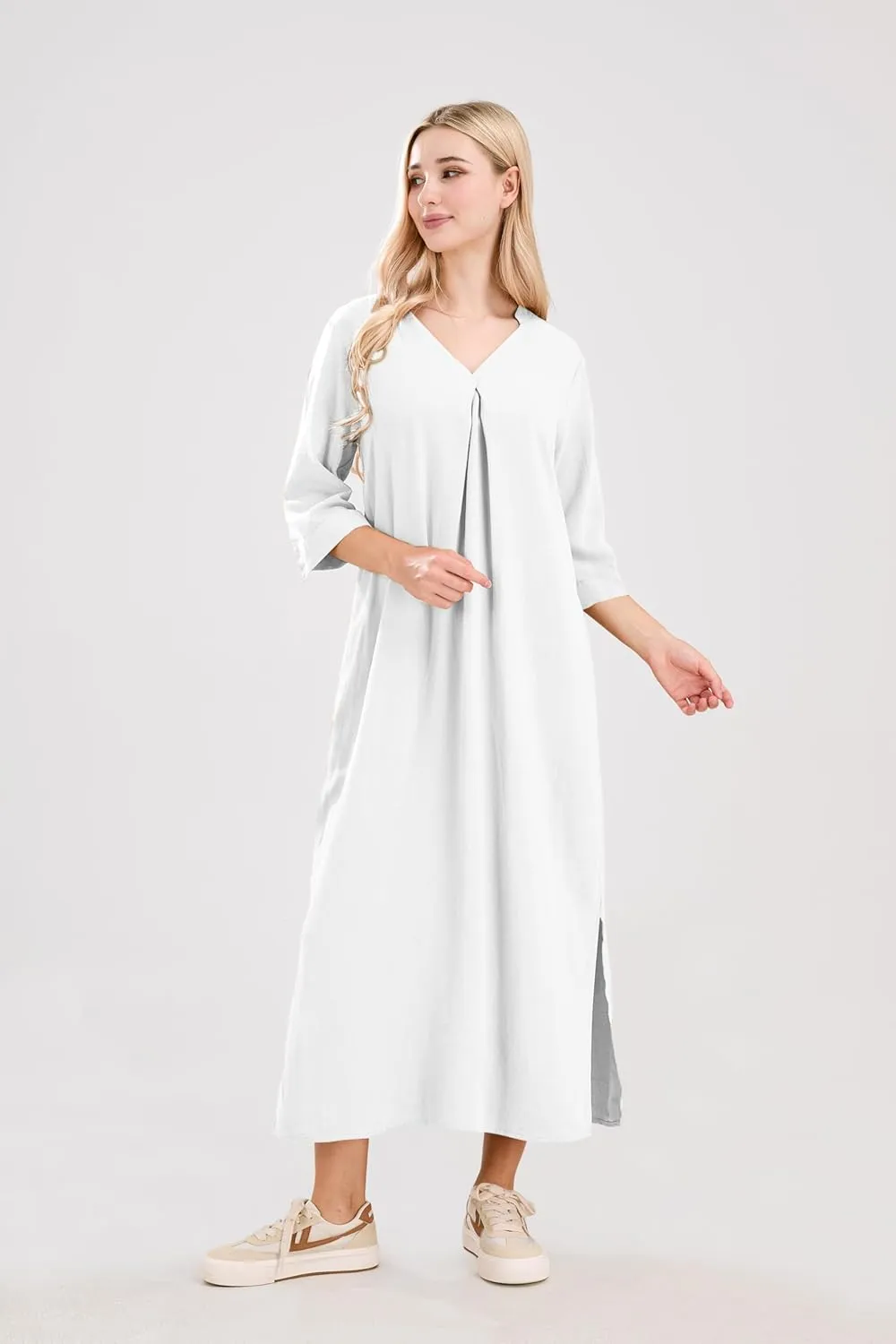 utcoco Womens Cotton Linen Maxi Dresses Casual Loose Fit V Neck 3/4 Sleeve Side Slit A Line Linen Long Dress