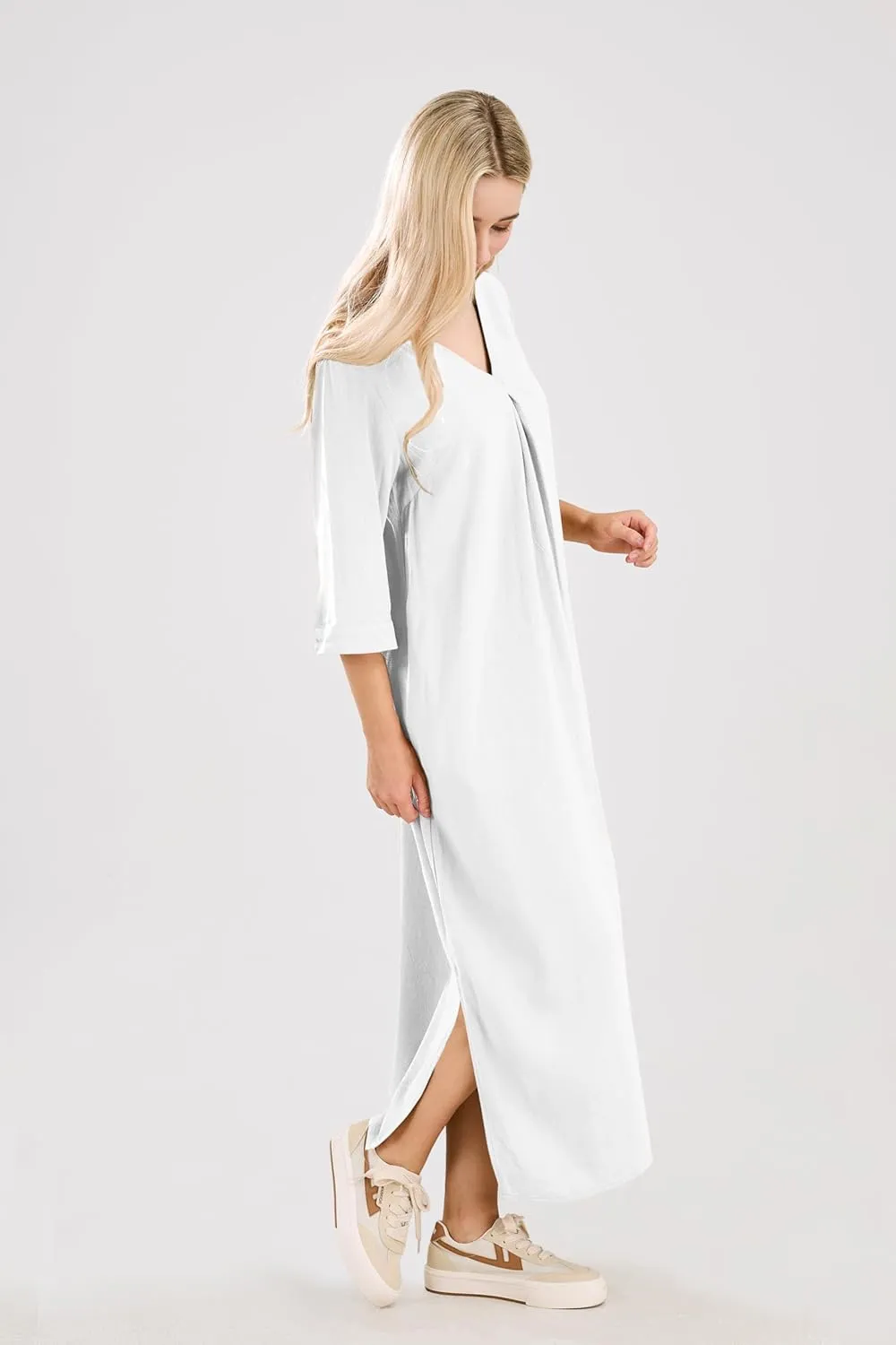 utcoco Womens Cotton Linen Maxi Dresses Casual Loose Fit V Neck 3/4 Sleeve Side Slit A Line Linen Long Dress