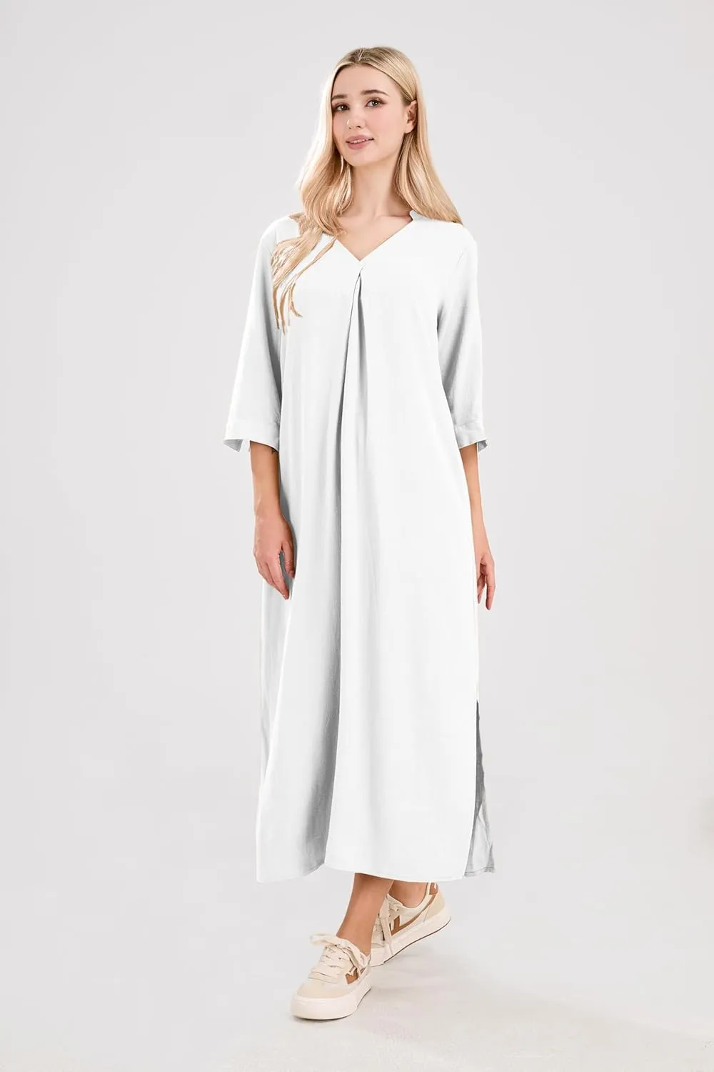utcoco Womens Cotton Linen Maxi Dresses Casual Loose Fit V Neck 3/4 Sleeve Side Slit A Line Linen Long Dress