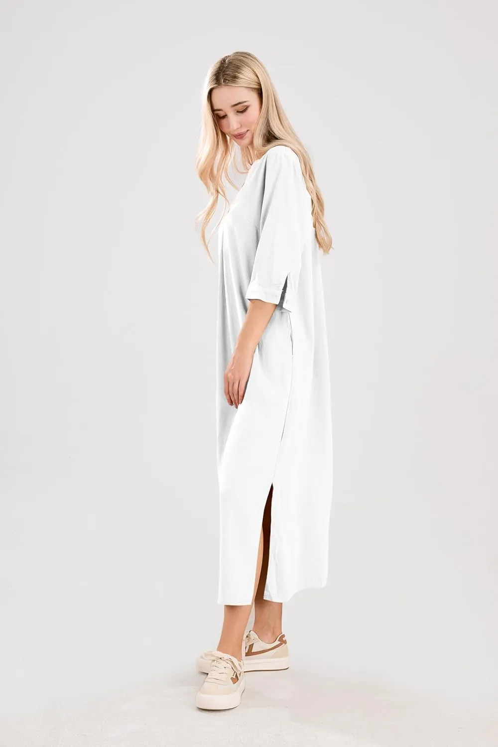 utcoco Womens Cotton Linen Maxi Dresses Casual Loose Fit V Neck 3/4 Sleeve Side Slit A Line Linen Long Dress