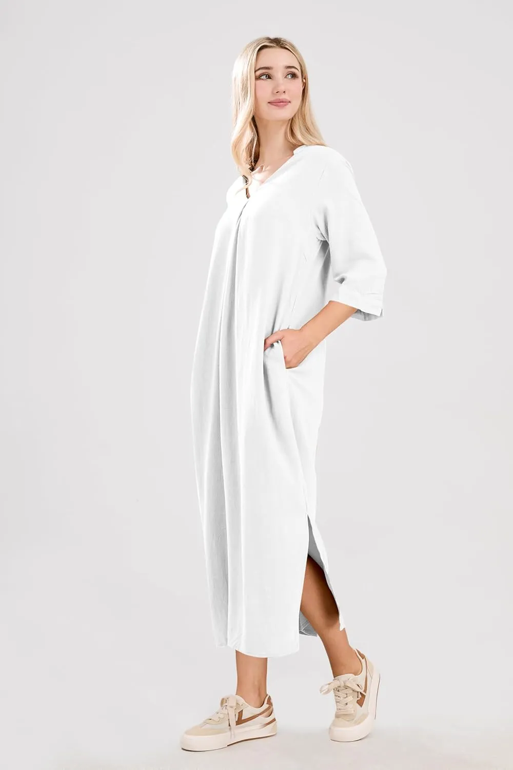 utcoco Womens Cotton Linen Maxi Dresses Casual Loose Fit V Neck 3/4 Sleeve Side Slit A Line Linen Long Dress