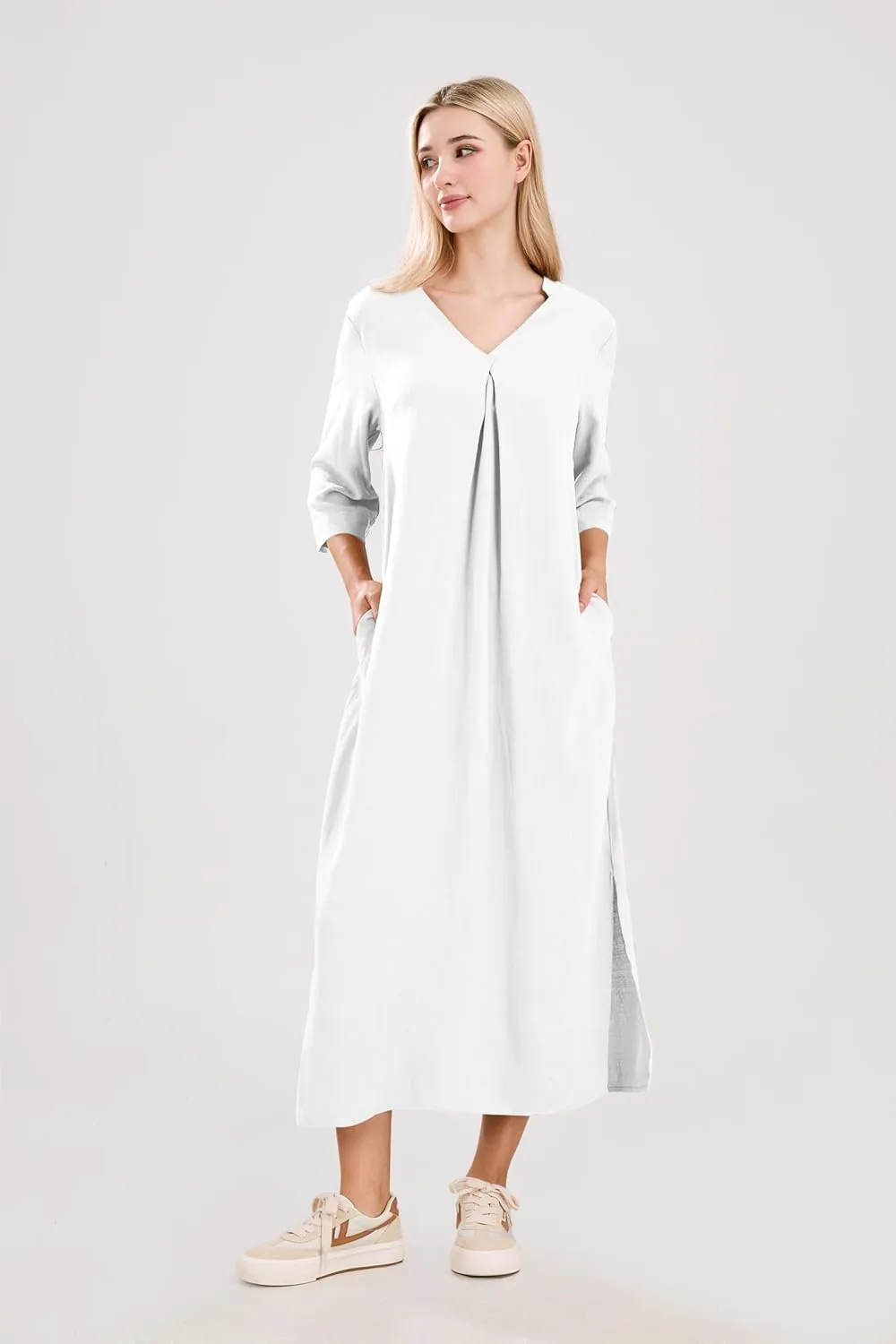 utcoco Womens Cotton Linen Maxi Dresses Casual Loose Fit V Neck 3/4 Sleeve Side Slit A Line Linen Long Dress