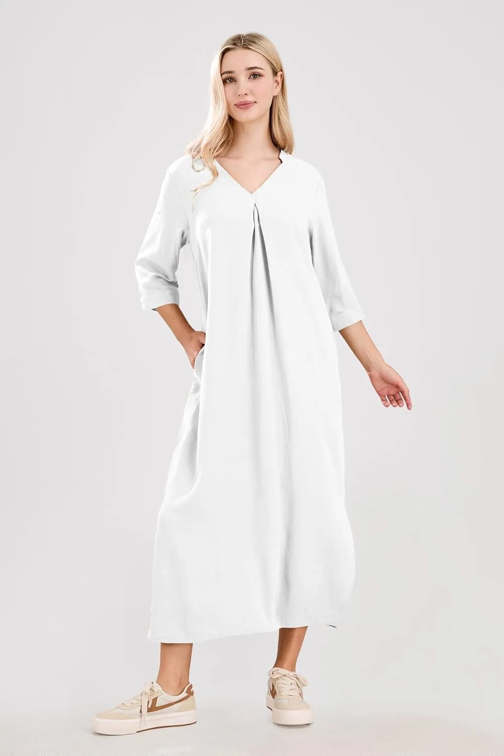 utcoco Womens Cotton Linen Maxi Dresses Casual Loose Fit V Neck 3/4 Sleeve Side Slit A Line Linen Long Dress