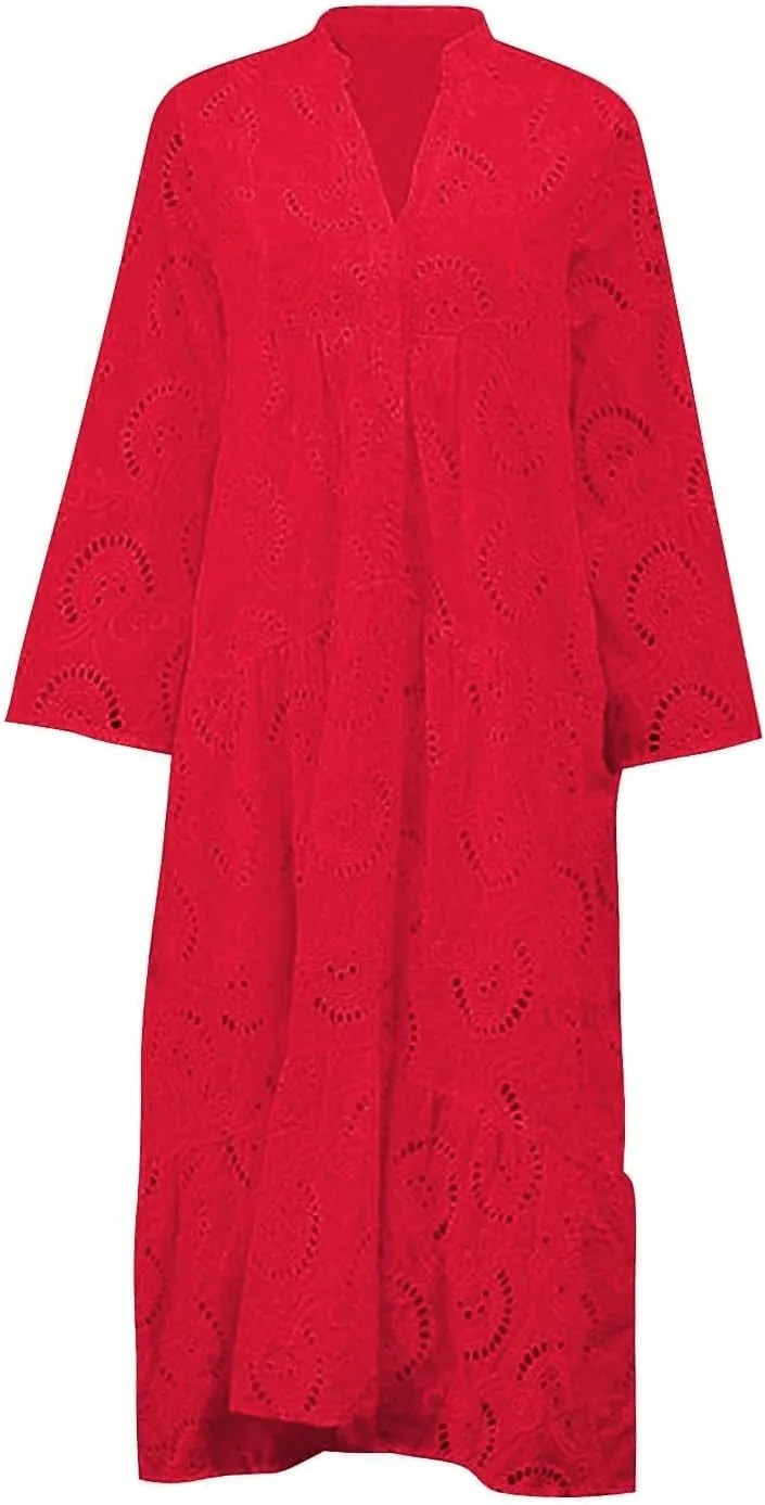 utcoco Womens Lace Embroidered Eyelet Maxi Dresses 3/4 Trumpet Sleeve Button V Neck Flowy Swing Hem Tiered A Line Dress