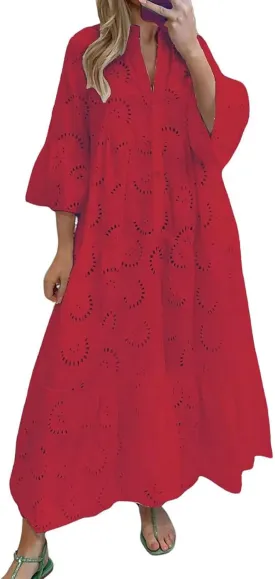 utcoco Womens Lace Embroidered Eyelet Maxi Dresses 3/4 Trumpet Sleeve Button V Neck Flowy Swing Hem Tiered A Line Dress