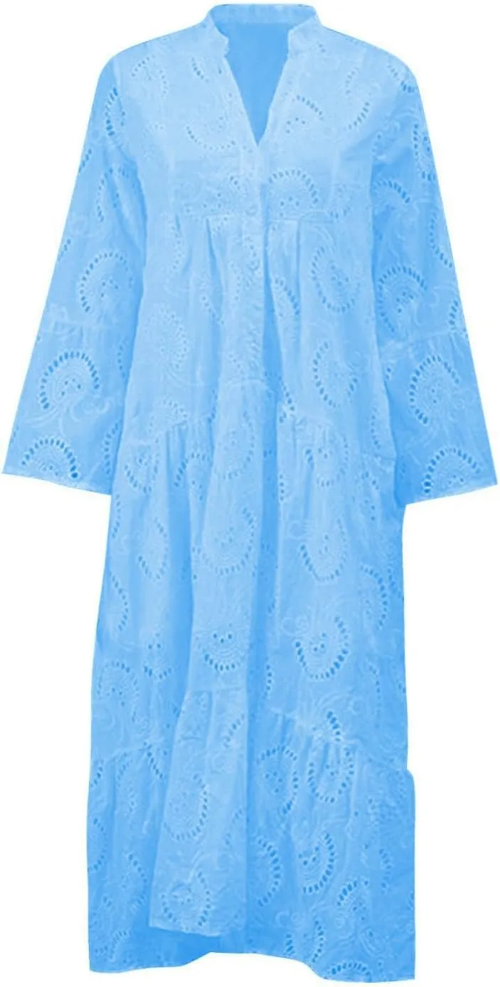 utcoco Womens Lace Embroidered Eyelet Maxi Dresses 3/4 Trumpet Sleeve Button V Neck Flowy Swing Hem Tiered A Line Dress