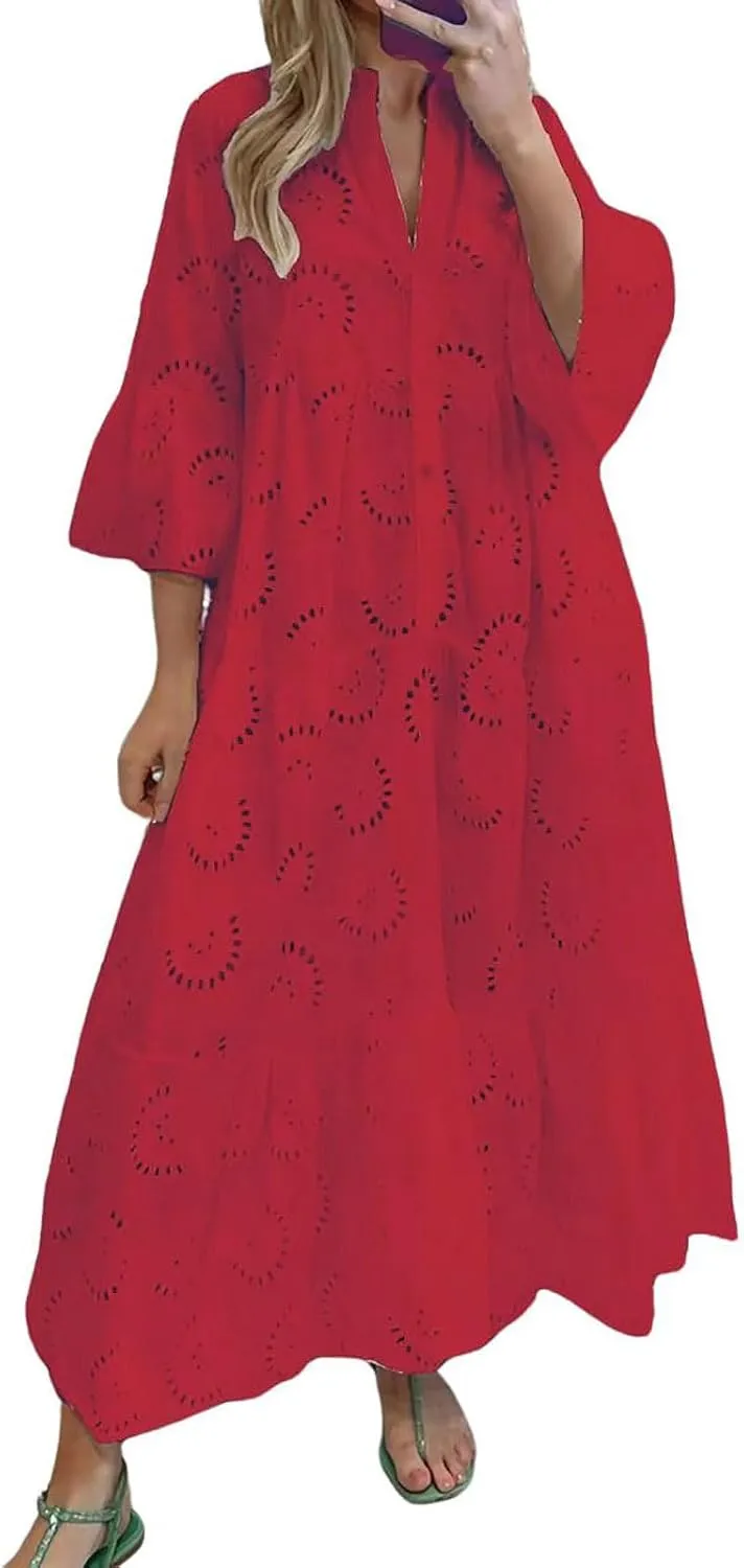 utcoco Womens Lace Embroidered Eyelet Maxi Dresses 3/4 Trumpet Sleeve Button V Neck Flowy Swing Hem Tiered A Line Dress