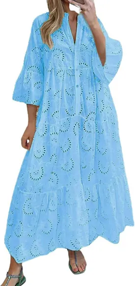 utcoco Womens Lace Embroidered Eyelet Maxi Dresses 3/4 Trumpet Sleeve Button V Neck Flowy Swing Hem Tiered A Line Dress