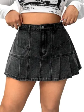 WDIRARA Women's Plus Size Denim Pleated Mini Skirts High Waist A-Line Casual Jean Skirts