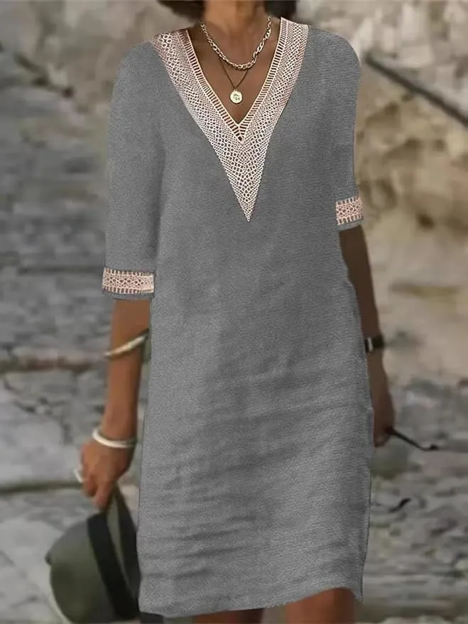Women Short Sleeve Linen Cotton Shift Dress Ladies Lace V Neck Shirt Midi Knee Length Dress Summer
