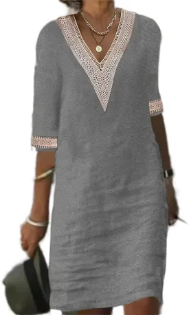 Women Short Sleeve Linen Cotton Shift Dress Ladies Lace V Neck Shirt Midi Knee Length Dress Summer