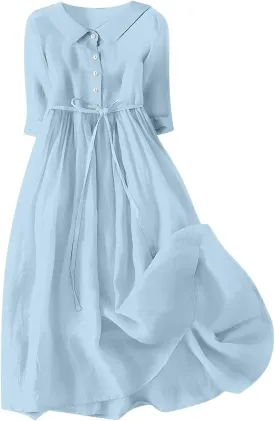 Women Summer Cotton Linen Dress 3/4 Sleeve Crew Neck Loose Long Dress Double Layers Flowy Smocked Tiered Dress