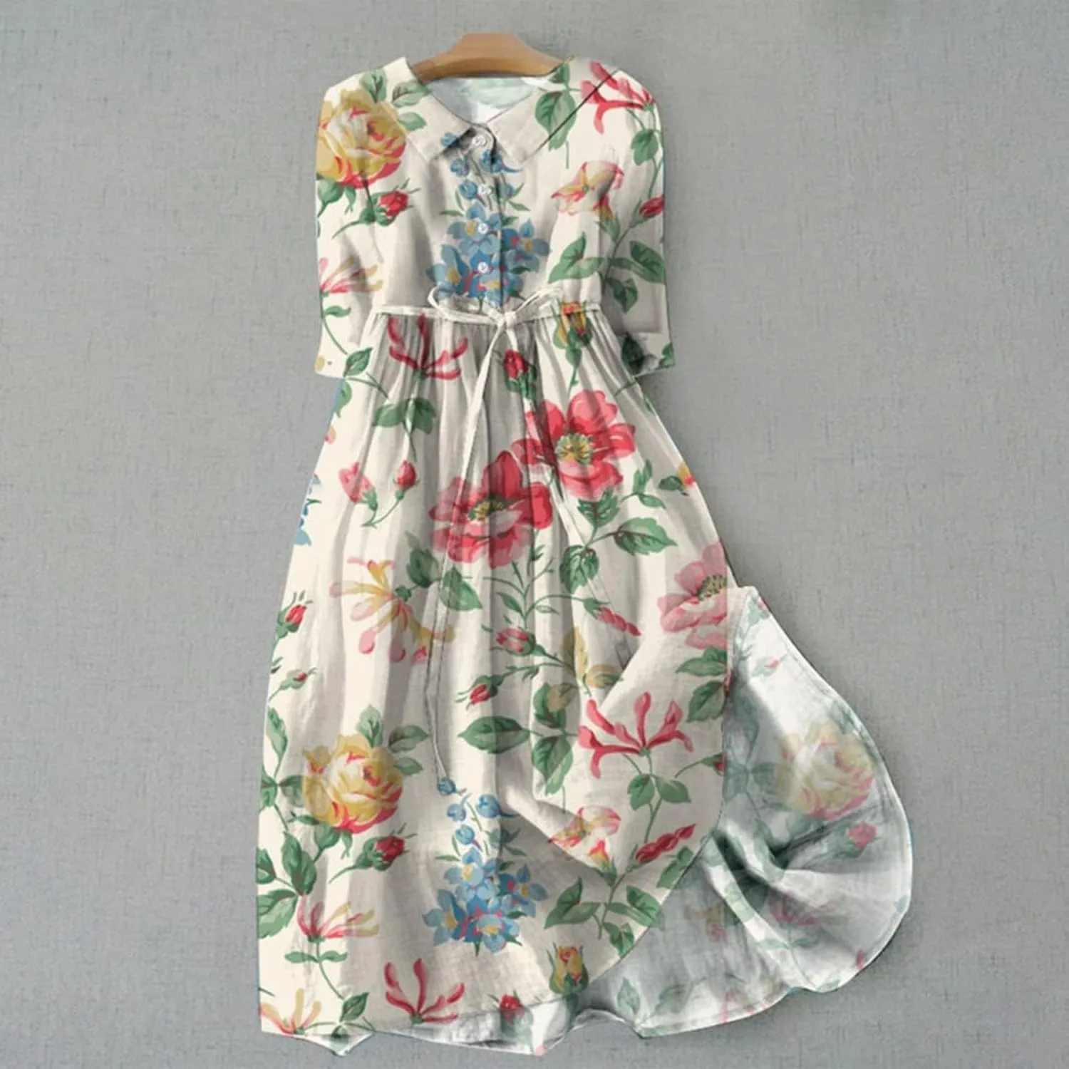 Women Summer Cotton Linen Dress 3/4 Sleeve Crew Neck Loose Long Dress Double Layers Flowy Smocked Tiered Dress