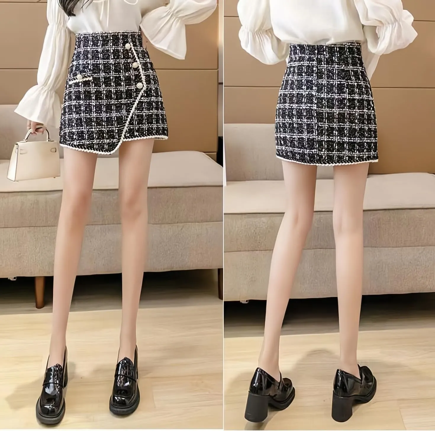 Women Tweed Mini Skirts Elegant Plaid Button A-line High Waist Bodycon Pencil Wrap Short Skirts