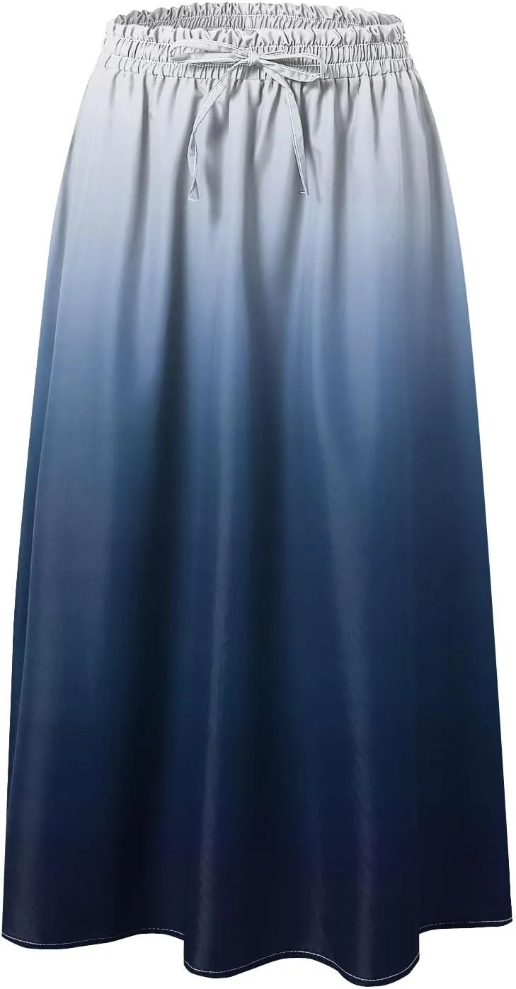 Women's Boho Floral Print Elastic High Waist A Line Flowy Swing Elegant Midi Skirt