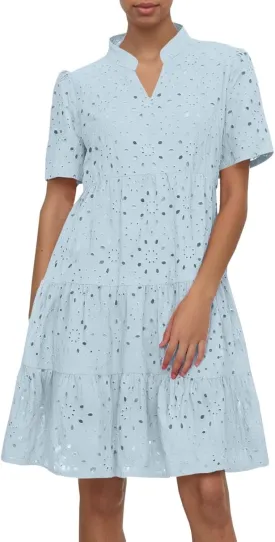 Womens Boho Summer Dresses 2025 Resort V Neck Short Sleeve Hollow Out Lace Ruffle Casual Beach Mini Vacation
