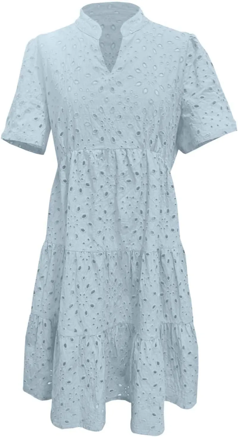 Womens Boho Summer Dresses 2025 Resort V Neck Short Sleeve Hollow Out Lace Ruffle Casual Beach Mini Vacation